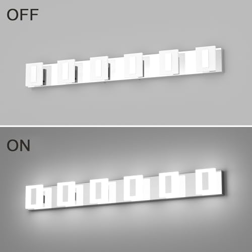Image of Modern LED Chrome Vanity Lights Over Mirror, 6 Light Acrylic Stainless Steel Bathroom Lighting Fixtures for Bathroom, 6000K Cool Light