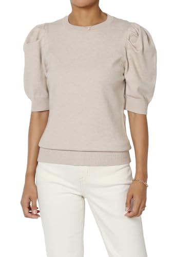 TheMogan Women's Puff Short Sleeve Knit Sweater Cozy Crew Neck Casual Lightweight Pullover Top