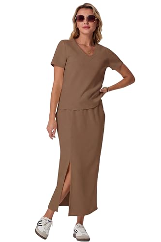 Image of GRECERELLE Women Summer Casual 2 Piece Sets V-Neck Wrinkle-Free Top & Elastic Waist Midi Side Slit Skirt with Pockets