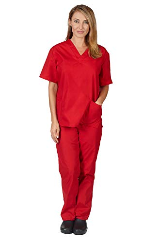 Natural Uniforms Solid V-Neck Women's Scrub Set Medical Scrub Tops and Pants (XX-Large, Red)