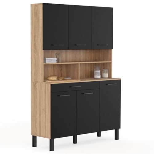 IDMarket - Buffet de cocina 120 cm CINA 6 puertas + cajón en imitación de madera de haya y negro