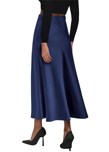 Image of KIRUNDO Women's Satin Maxi Skirt 2026 Summer Fall Trendy High Waisted Wedding Cocktail Party Work Silk A-Line Formal Skirts
