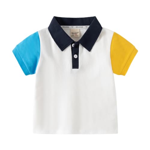 Toddler Baby Boys Color Block Short Sleeve Polo Shirt Button Up Lapel T-Shirt Tee Uniform Tops Summer Clothes (White,110/3-4 Y,Unisex,Big Kid,US,Age,3 Years,4 Years)