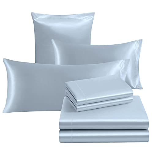 Image of Ersmak 7 Pieces Satin Sheets Set Queen Size, Luxury Silky Light Blue Satin Bed Sheets Set with 1 Deep Pocket Fitted Sheet, 1 Soft Flat Sheet, 4 Queen Pillowcases and 1 Body Pillowcase