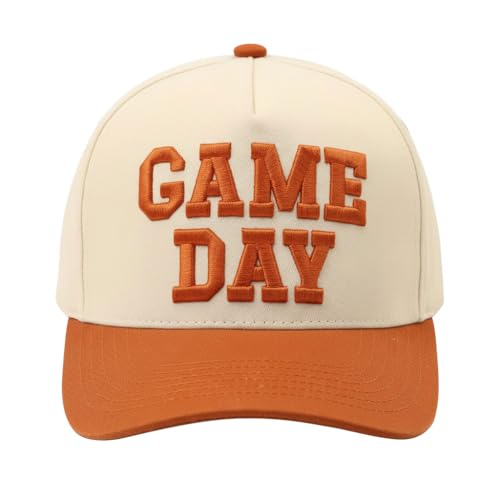 Game Day Hat for Women Men, Vintage Embroidered Football Basketball Cap, Adjustable Baseball Hat for Sports Fans Gift Beige-Orange
