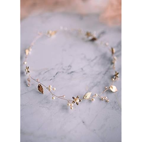 Kercisbeauty Gold Flower Headband Pearl Headpiece Wedding Bridal Hair Vine Hair Piece for Brides Women Handmade Jewelry Leaf Tiara Cover