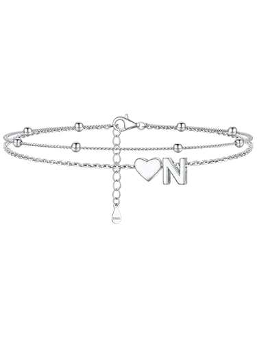 Image of PROSILVER Ankle Bracelets for Women S925 Sterling Silver Anklets for Women Waterproof, Dainty Layered Heart Anklet, Beach Initial Anklet for Summer, Letter A-Z