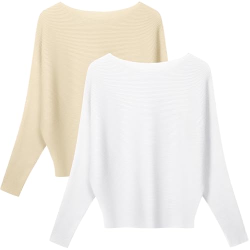 Ficerd 2 Pack Women's Fall Sweaters 2025 Boat Neck Dolman Bat Wing Long Sleeve Knitted Sweaters Casual Pullovers Tops2