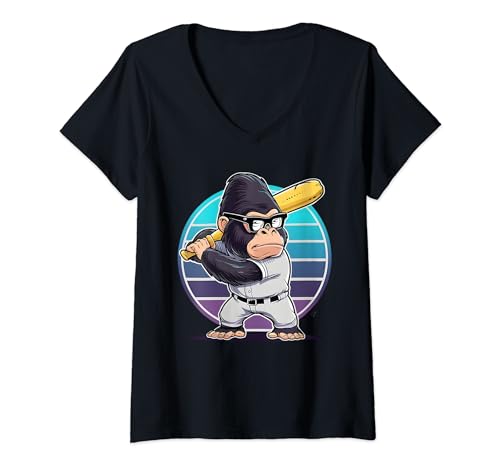 Mujer Mono Jugar Banana Baseball Fruit Lover Jugador de béisbol Camiseta Cuello V
