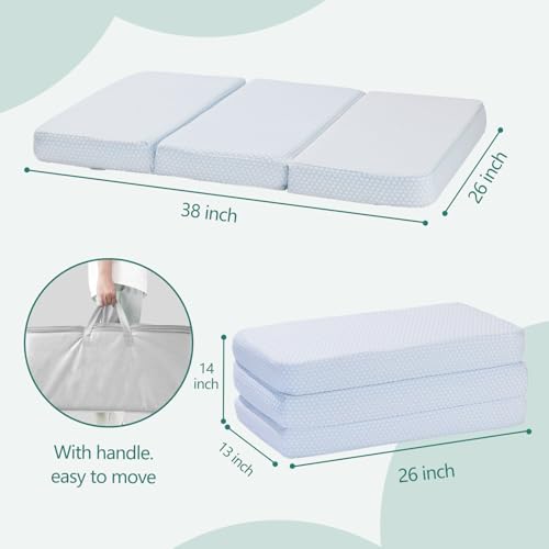 Image of Trifold Pack and Play Mattress,38 inchx26 inch Double-Layer Breathable Memory Foam | Portable, Carry Bag Included, Removable Cover,Breathable,Soft,Skin Friendly Fabric,Machine-Washable,Pack n Play Mattress