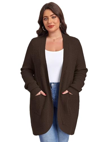 Image of LARACE Long Cardigans for Women Plus Size Tops Open Front Sweaters with Pockets Waffle Ribbed Sleeve Loose Fall Outwear
