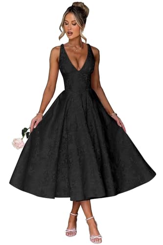 EAURIC Black Long Prom Dresses 2026 V Neck Ball Gown A line Tea Length Satin Wedding Guest Party Dress for Women AU058 Size12