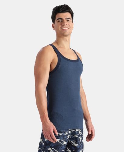 Image of Jockey US27 Men Super Combed Cotton Rib Square Neck Gym Vest Dark Denim Melange & Navy S