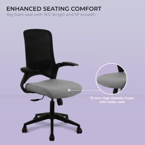 Image of Wakefit Maven Ergonomic Office Chair for Work | 1 Year Warranty | Single Lock and Recline | Soft Foldable Armrest | Strong Nylon Base | 8+ Hours of Comfort | Black & Grey