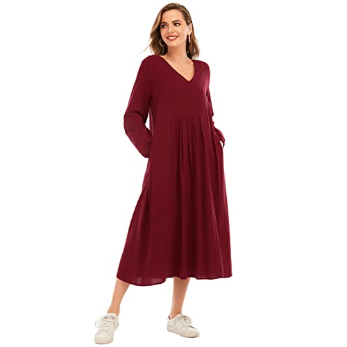 Versear Robe mi-Longue décontractée à Manches Longues pour Femmes Poignets élastiques Automne Tenue Ample Caftan Robe plissée surdimensionnée avec Poches Rouge, 4XL Cover