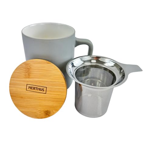 NERTHUS FIH 1568 Tasse en céramique avec infuseur en acier inoxydable et couvercle en bambou, design élégant, idéal pour thé et infusions Gris 375 ml