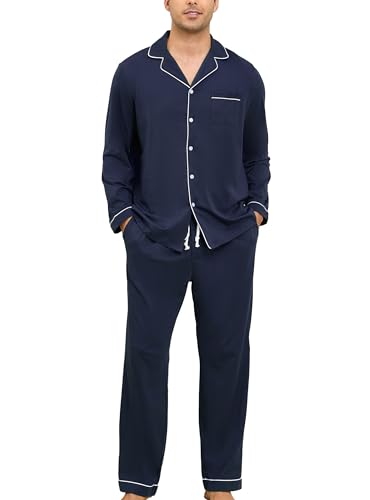 Image of Veseacky Mens 100% Cotton Pajamas Set Long Sleeve Button Down Sleepwear Soft Loungewear Pjs with Pockets