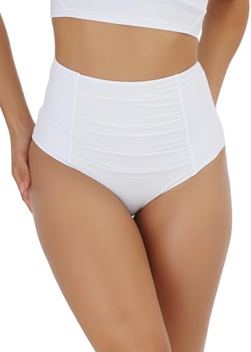 Women's High Waisted Bikini Bottom Ruched Tummy Control Swimsuits Full Coverage Swim Bottoms