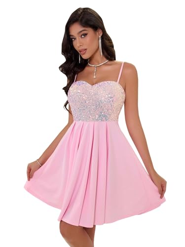 Angel-fashions Femme Robe de soirée élégante Rose à Sequins décolleté en cœur Robe d'invitée de Mariage Coupe évasée Courte pour Bal de Promo Size 36