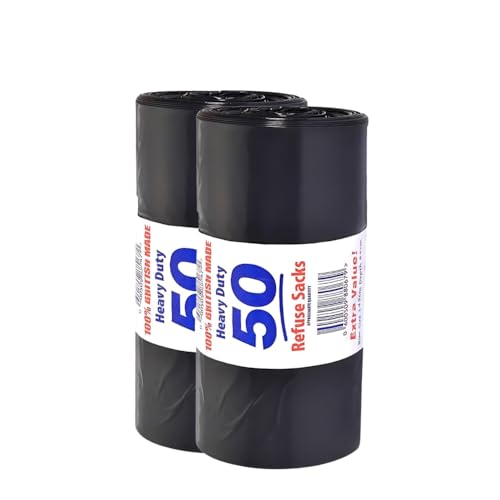 80L Black 100 Bin Bags | Heavy Plastic Refuse Sacks, 50 Bags Roll | 100% Recycled Material, Kitchen Home Office Garden