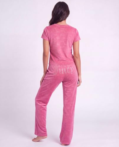 Image of Juicy Couture Women's 2 Piece Velvet Fleece Short Sleeve Shirt and Pants Lounge Sleepwear Set