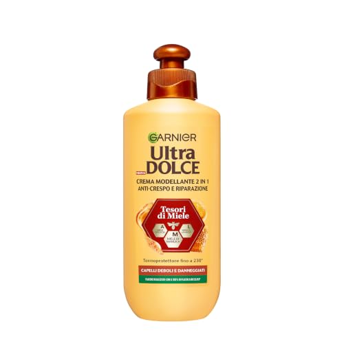 Garnier Crema Modellante 2 in 1, Anti-Crespo e Riparazione, Per Capelli Deboli e Danneggiati, Termoprotettore Fino a 230°, Con Miele di Manuka, Acacia e Lavanda, Ultra Dolce Tesori di Miele, 200 ml