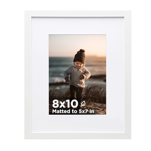 KINLINK 8x10 Picture Frame White, Wooden Photo Frame Matted 5x7 with Plexiglass for 5x7 with Mat or 8x10 without Mat for Table and Wall Display