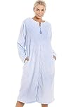 Camille Women's Super Soft Fleece Zipped Housecoat | Calf Length Diamond Print Bathrobe | Zip Close, Long Sleeves & Pockets | Luxury Warm & Comfy Home Loungewear | Blue 22-24