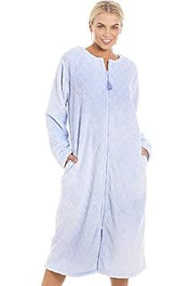 Camille Women's Super Soft Fleece Zipped Housecoat | Calf Length Diamond Print Bathrobe | Zip Close, Long Sleeves & Pockets | Luxury Warm & Comfy Home Loungewear | Blue 14-16