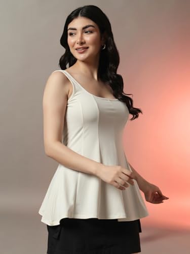 Image of Trend Arrest.ed Women's Polyester Sculpt Flare Top | Stretchable Sleeveless Fit & Flare Blouse with Scoop Back