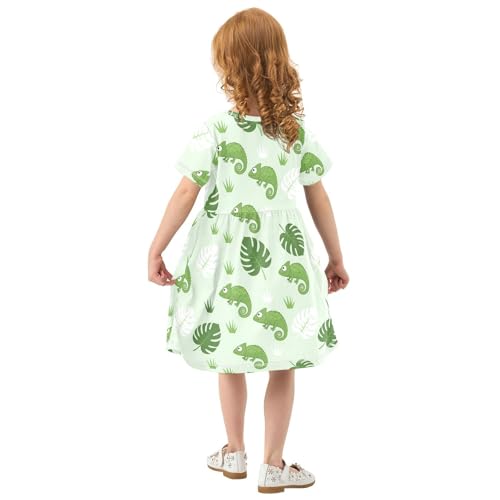 Green Leaf Chameleon Girls Summer Dress Toddler Girl Skater Dresses Short Sleeve Dress for Girls Cute,2T3