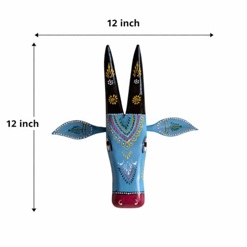 Image of DEAL-ART-CRAFT Handpainted Wooden Cow Head Wall Decor for Living Room, Puja Room, Housewarming Gift, 12 inch (Blue)