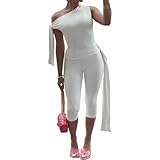Fastkoala White Women's 2 Piece Outfits Sweatsuits Shorts Set Sexy One Off Shoulder Bodycon Foldover Capri Pants White XXL