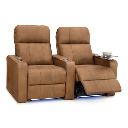 Image of Seatcraft Monterey Tawny Italian Leather Home Theater Seating, Zero Gravity Power Recliner, Gaming and Home Office Chair, Powered Headrest Furniture for Family Cinema Room, Row of 2