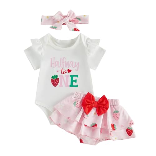 Mialoley Baby Girl Half Birthday Outfit Strawberry Romper Short Sleeve Bodysuit Shorts Skirt Sets Summer Fall Winter Clothes (Strawberry White 6-12 Months)