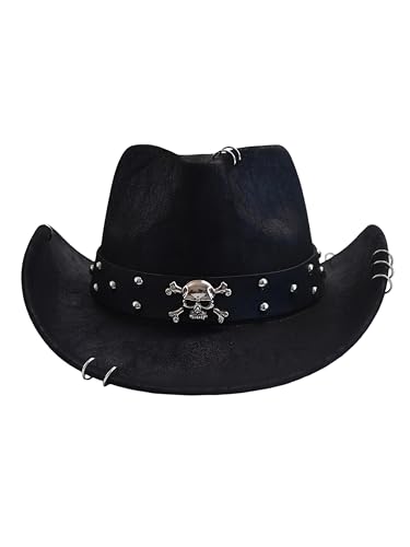 Skull Cowboy Hat for Adults – Faux Leather Western Hat with Studded Band, Curved Brim Gothic Cowboy Accessory, One Size (Black)