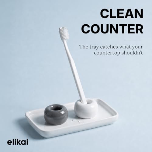 ELIKAI Ceramic Toothbrush Holders with Bathroom Tray, Countertop Organizer for Toothbrushes and Accessories, Hygienic Individual Holder Set (Grey & White, 2 Holders) by ELIKAI - Used condition - Image 2