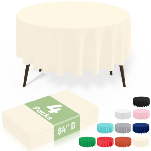 Image of misaya 4 Packs Disposable Plastic Table Cloth, 84 inch Round Waterproof Tablecloth, Leakproof & Sturdy Decorative Table Covers for Picnic, Party, Outdoor and Back to School, Beige