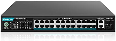 YuanLey 24 Port PoE Switch with 2 Gigabit Ethernet Uplink, 1 SFP Port, 300W PoE+ Port Support 802.3af/at, Unmanaged Network Switch with AI Watchdog, VLAN, Extend to 300m, Fanless and Silent Operation