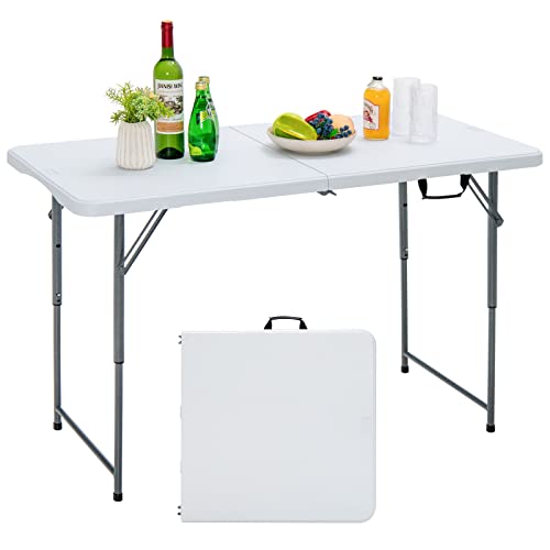 KOMFOTTEU Tavolo Pieghevole Regolabile in Altezza, Tavolo Campeggio Richiudibile e Portatile con Maniglia di Trasporto, Tavolo Picnic Salvaspazio in HDPE, Telaio in Ferro, 120 x 60 x 74,5 cm, Bianco