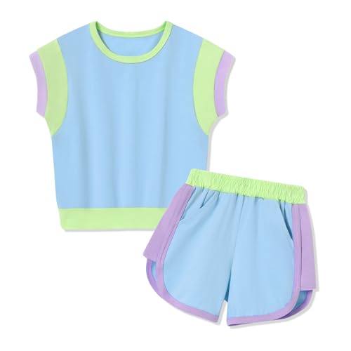 Image of SANMIO Toddler Girl Clothes Summer Toddler Girls Color Block Short Sleeve Shorts Sweatsuit Outfits 2 Piece Clothing Set