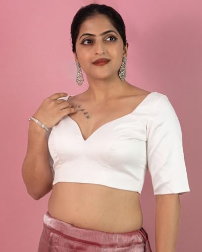 Image of FIGURE'S DESIGNER Women's Dupion Raw Silk Half Elbow Sleeves Sweetheart V Neck Sabyasachi Cut Readymade Saree Blouse S10