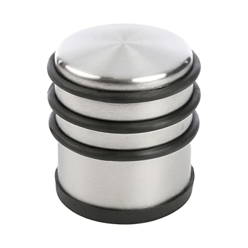 Tope Puerta Metal, Retenedor de Puerta con Anillos de Goma, Stop Puerta, Cuña Metal para Fijar al Suelo, Plateado, Goma Negra, 7 x 7 x 8 cm - 1 Unidad