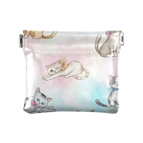 Bow Cat Watercolor Coin Purse Leather Pouch Change Purse, Squeeze Coin Pouch for Cards, Keys & Lipsticks, Unisex