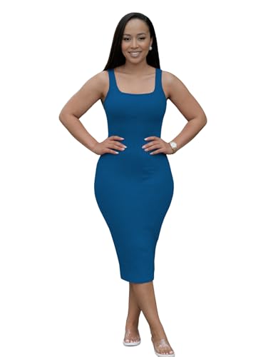Image of TOPSRANI Women Sexy Midi Dress Bodycon Casual Sleeveless Basic Ruched Tank Summer Club Party Dresses