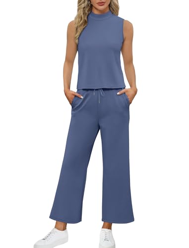 SAMPEEL Two Piece Sets for Women Summer Outfits Lounge Sets Mock Neck Tops Wide Leg Crop Pants Vacation Travel Outfits
