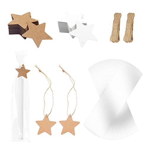 100 Stücke Zellophantüten Tütchen 32 * 10cm 100 Kraftpapier Geschenkanhänger mit Schnur Candle Bags für Valentinstag Hochzeit Weihnachten Birthday Party Geschenke Geschenktüten Transparent Cover