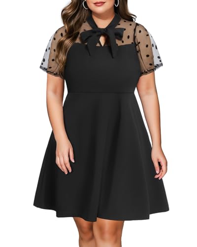 Pinup Fashion Women's Plus Size Contrast Mesh Short Sleeve Bow Tie Neck Cocktail Party Elegant A-Line Dress2