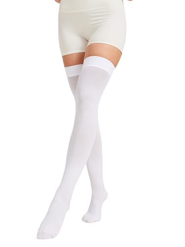 Image of NURCOM 15-20 mmHg Medical Compression Stockings with Dot Silicone Band, Closed Toe Thigh High Compression Socks for Women & Men, Graduated Support Stockings for Varicose Veins, Edema,White,Small