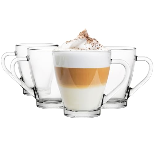 Glasmark KROSNO 1992 Gläser Set Kaffeegläser Mit Henkel Tasse 4 Stück 200 ml Kaffeetasse Trinkbecher Teetassen Becher Spülmaschinenfest, Durchsichtig